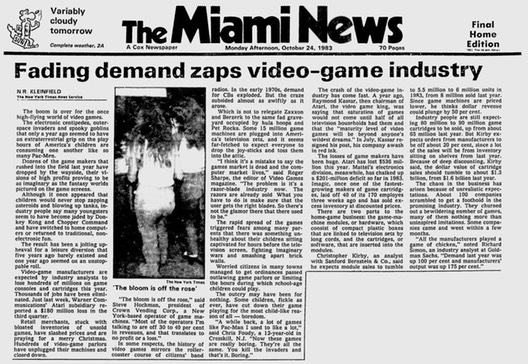 Miami News headline about the Great Video Game Crash in 1983: "Fading demand zaps video-game industry"