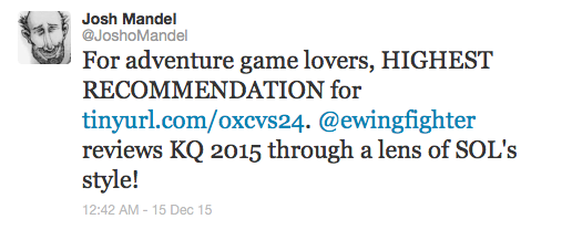 Josh Manel: For adventure game lovers, HIGHEST RECOMMENDATION for "Why We Loved Sierra Games". @ewingfighter reviews KQ 2015 through a lens of SOL's style!